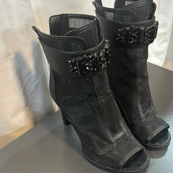 Karl Lagerfeld Black Peep-Toe Ankle Boots 8.5 - Picture 4 of 10